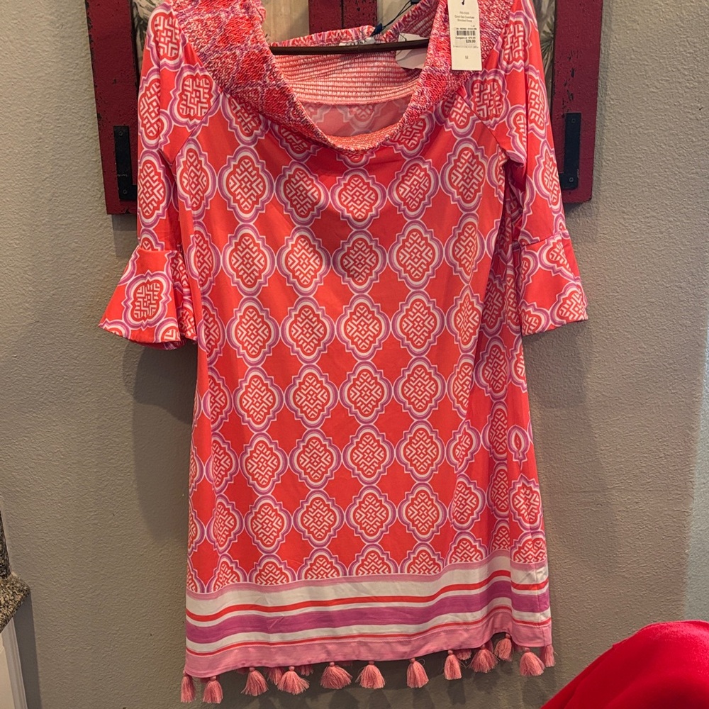 Cabana Life Pink Coral Off-Shoulder Tassel-Hem Mini Dress - Picture 2 of 16